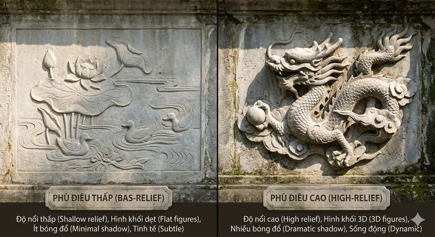 so sánh phù điêu thấp và phù điêu cao