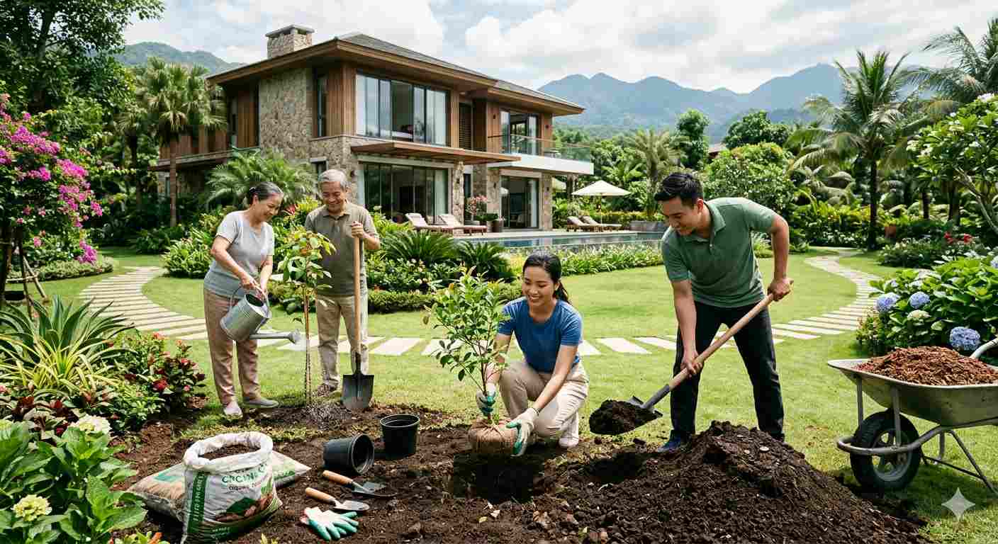 chuẩn bị cây xanh trồng trong tiểu cảnh sân vườn
