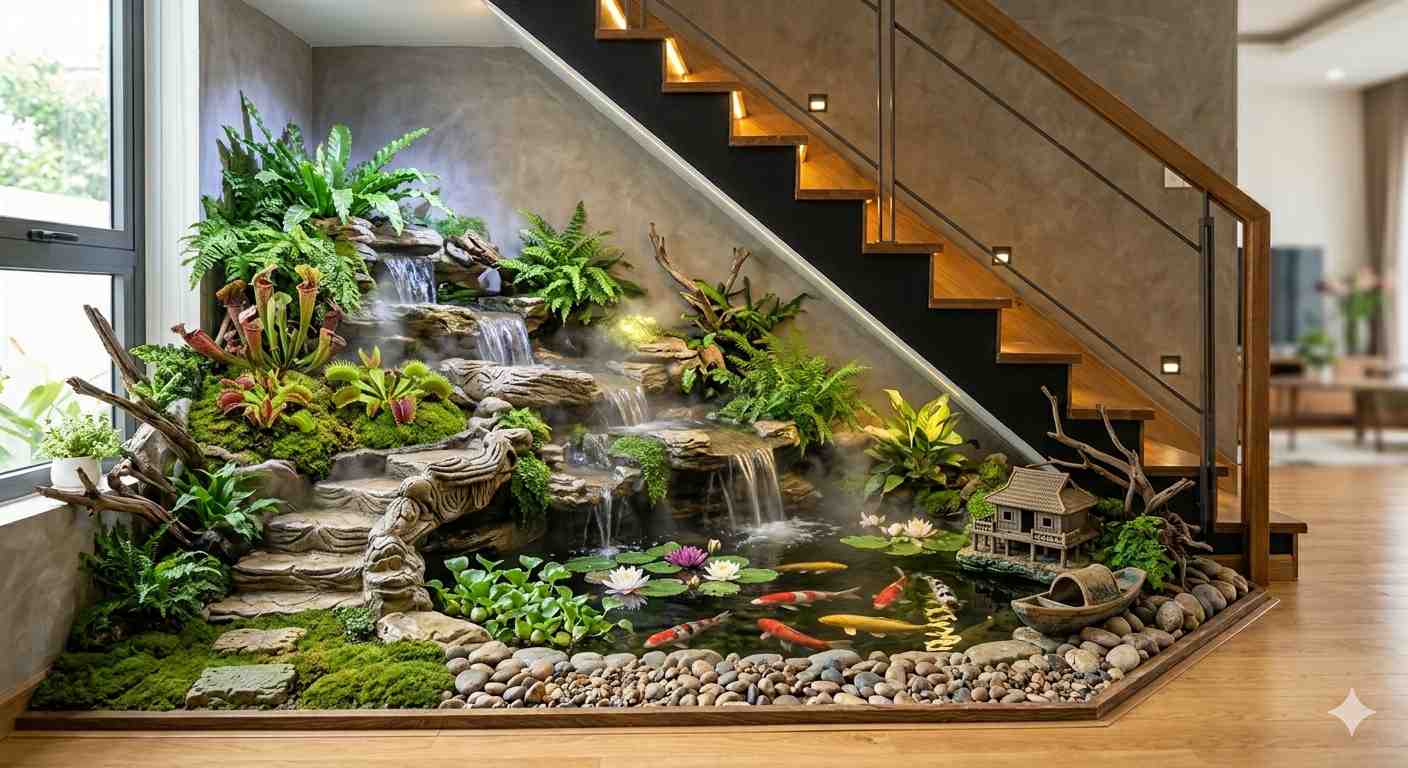 Tiểu cảnh nước trong nhà dưới gầm cầu thang