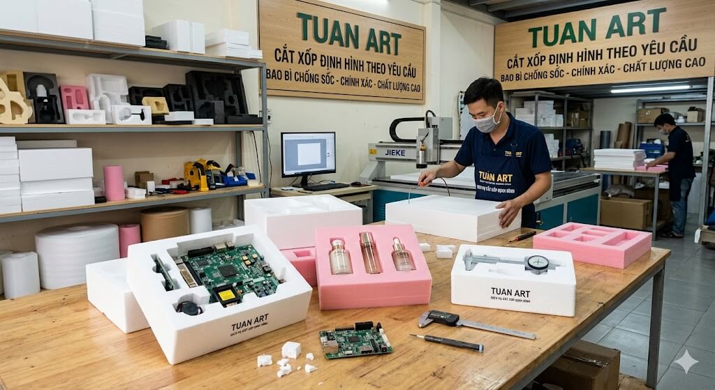 uy trình gia công cắt xốp định hình và khay mút xốp đóng gói chuyên nghiệp tại xưởng Tuấn Art.