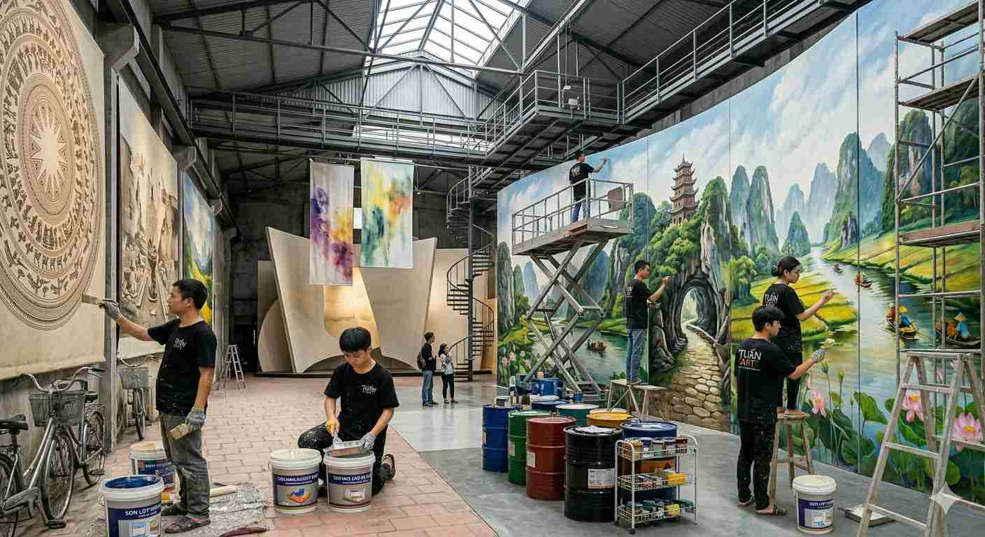 anh em thợ vẽ tranh tường của tuấn art đang vẽ tại hà nội